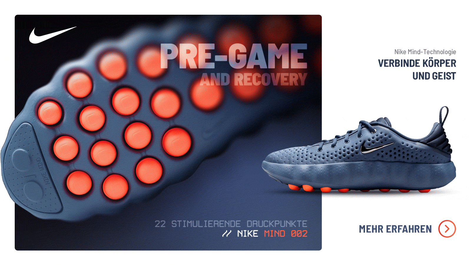 Blauer Nike Mind 002 mit orangefarbenen Druckpunkten in der Sohle zur Aktivierung vor dem Sport und zur Regeneration.