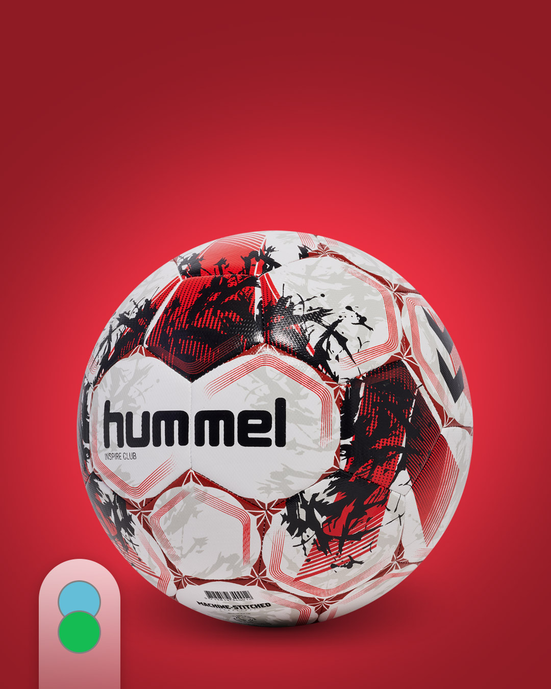 Trainingsball "Inspire Club" von hummel in weiß, rot, schwarz auf rotem Hintergrund.