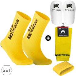 TAPEDESIGN Classic 4-teiliges Set (Schienbeinschoner+Schienbeinschonerhalter+Socken+Sleeve-Stutzen) gelb